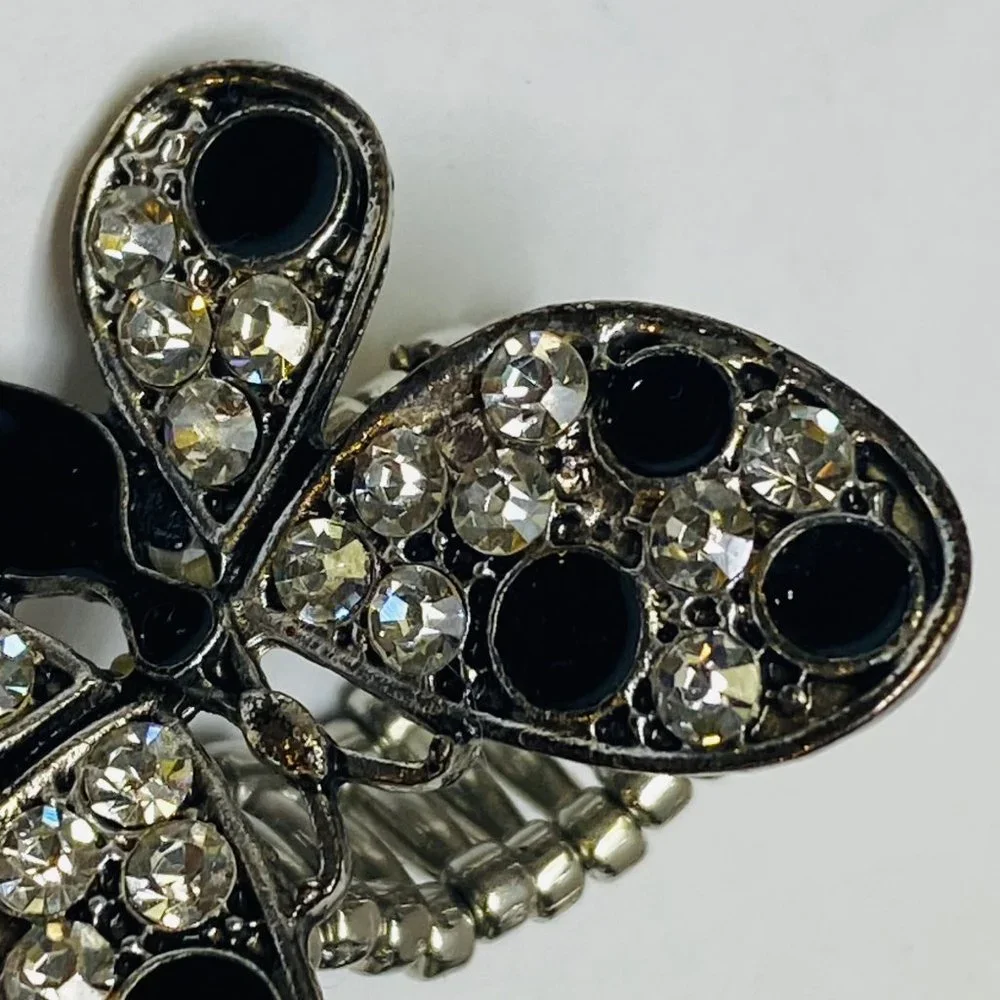 Ring Stretch Butterfly Shape Women Rhinestone Accents Enamel Silver Color Metal - Picture 3 of 16